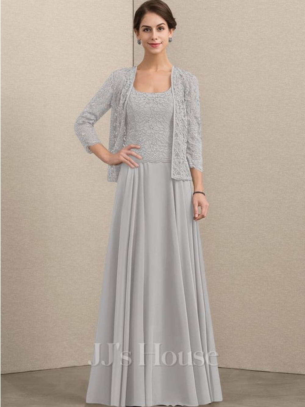 NWT JJs House Branka Silver A-line Square Sequins Lace Dress with Lace Jacket